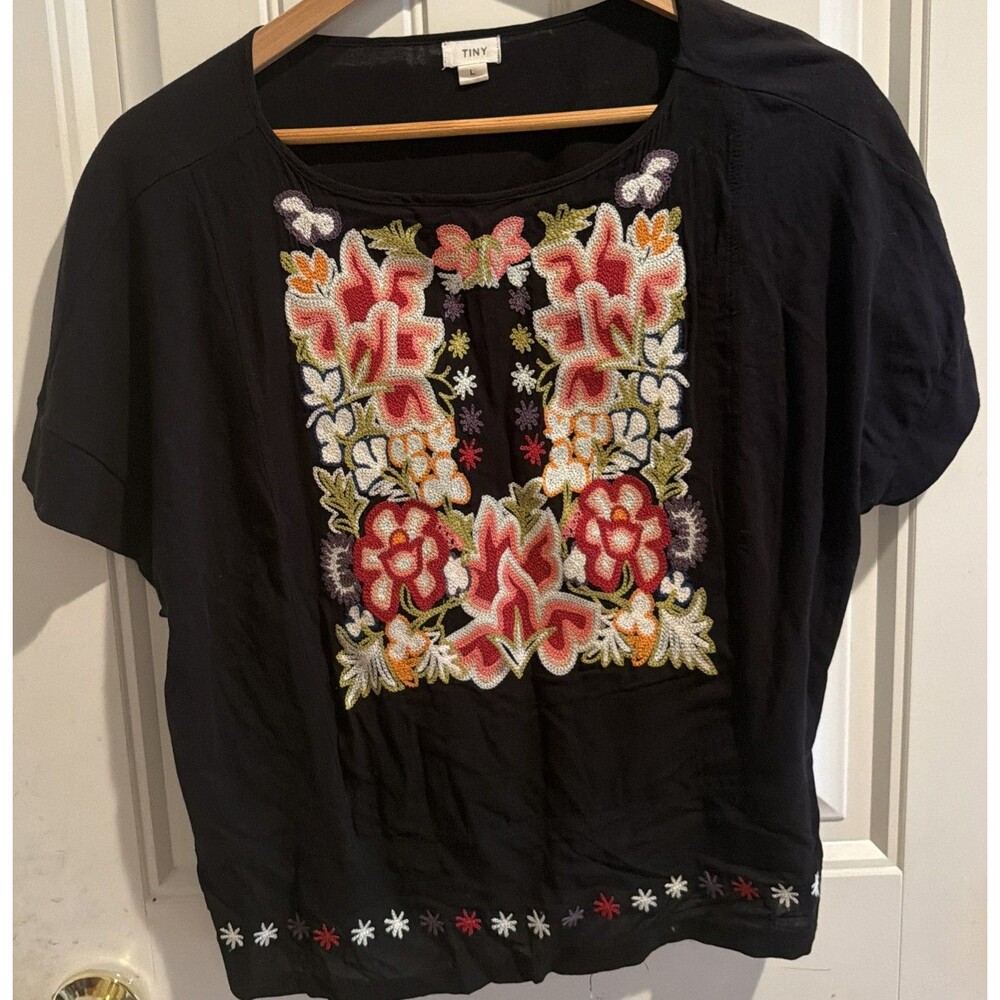 Anthropologie Women’s Embroidered Top L Black Boho Cottagecore Festival